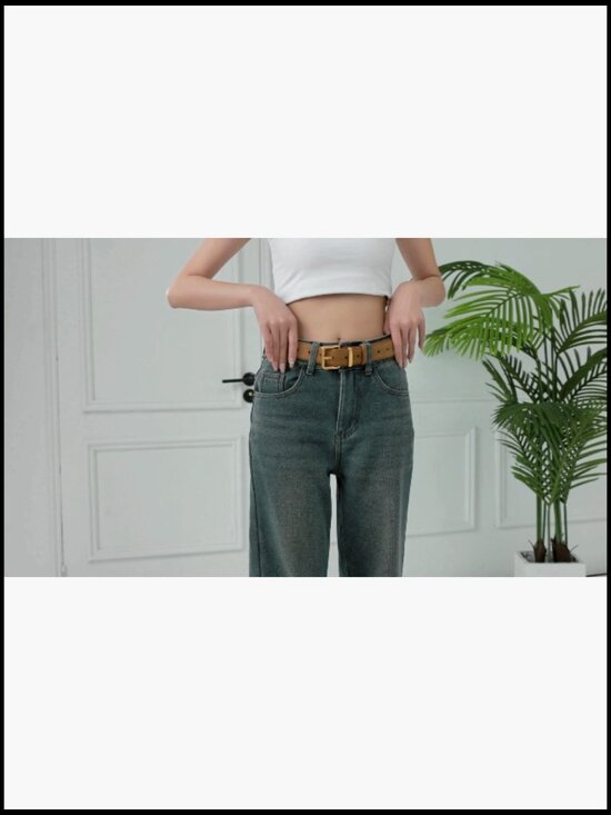 Suede Leather Belt with Gold Square Buckle, Adjustable Waist for Dresses & Jeans